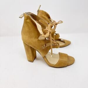 Jessica Simpson 6 Tan Loreez Lace Up Chunky Block Heels Open Toe Faux Suede